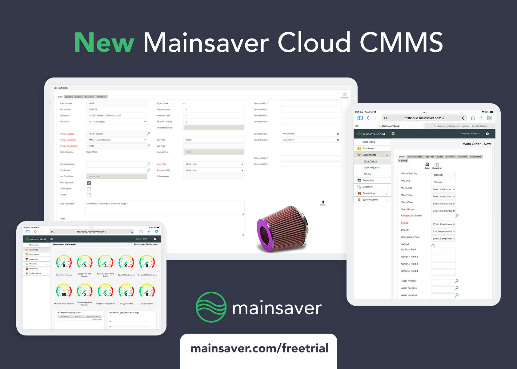 Mainsaver Cloud provides an efficient, easy-to-use, and reliable CMMS platform to manage work orders, tackle preventative maintenance, manage purchasing and spare parts inventories, and make data-driven decisions about assets and resources.