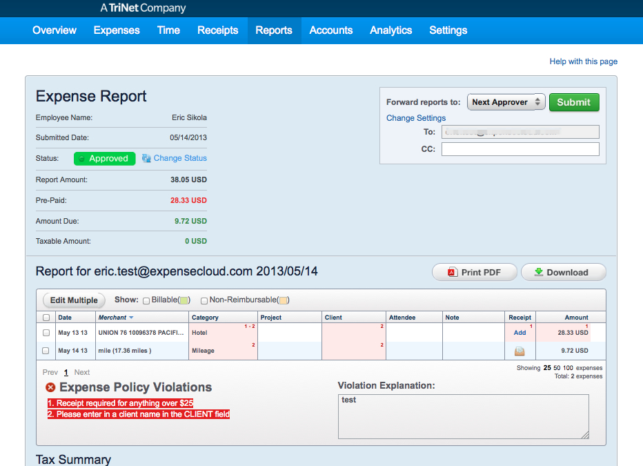 TriNet Expense screenshot: Expense Report