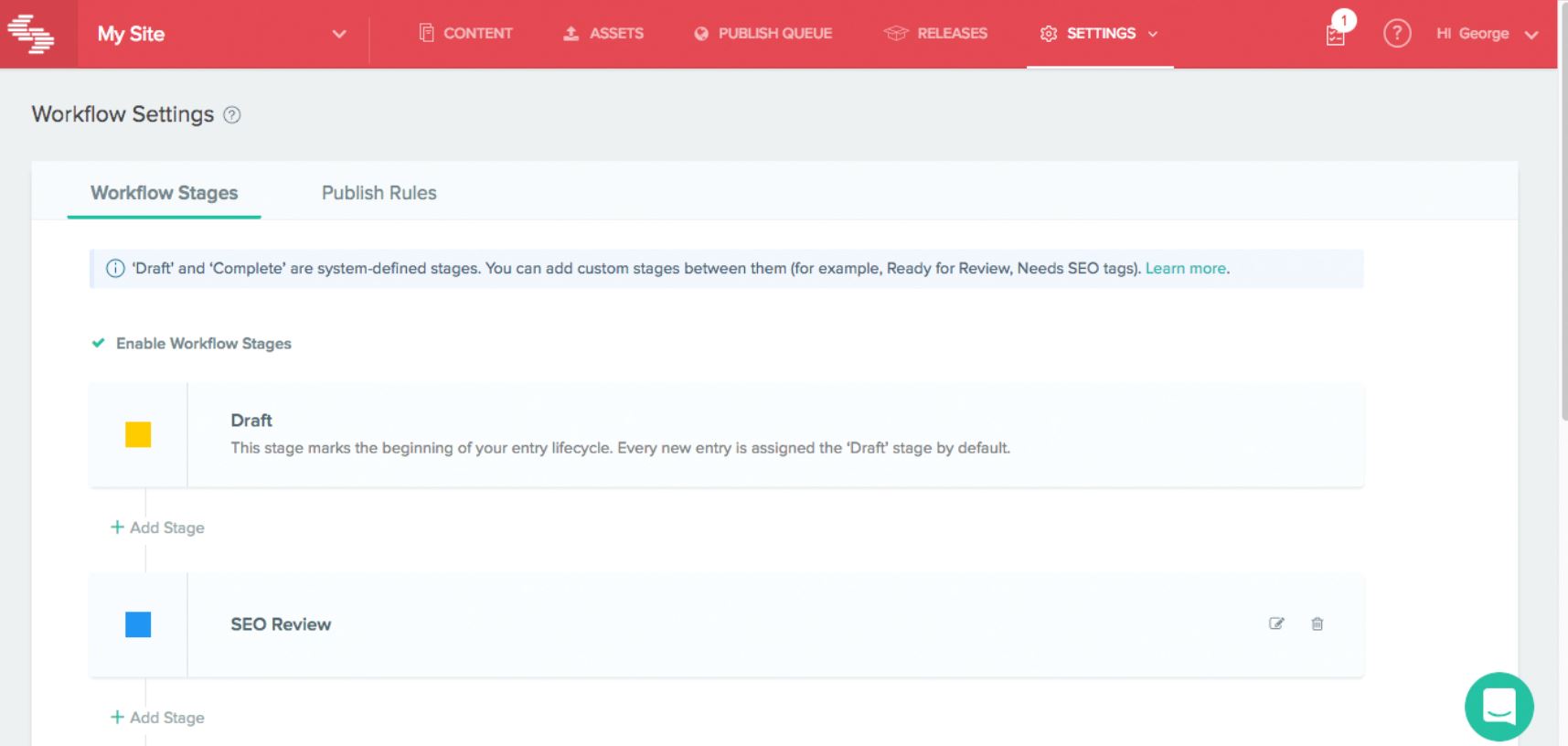 Contentstack workflow settings