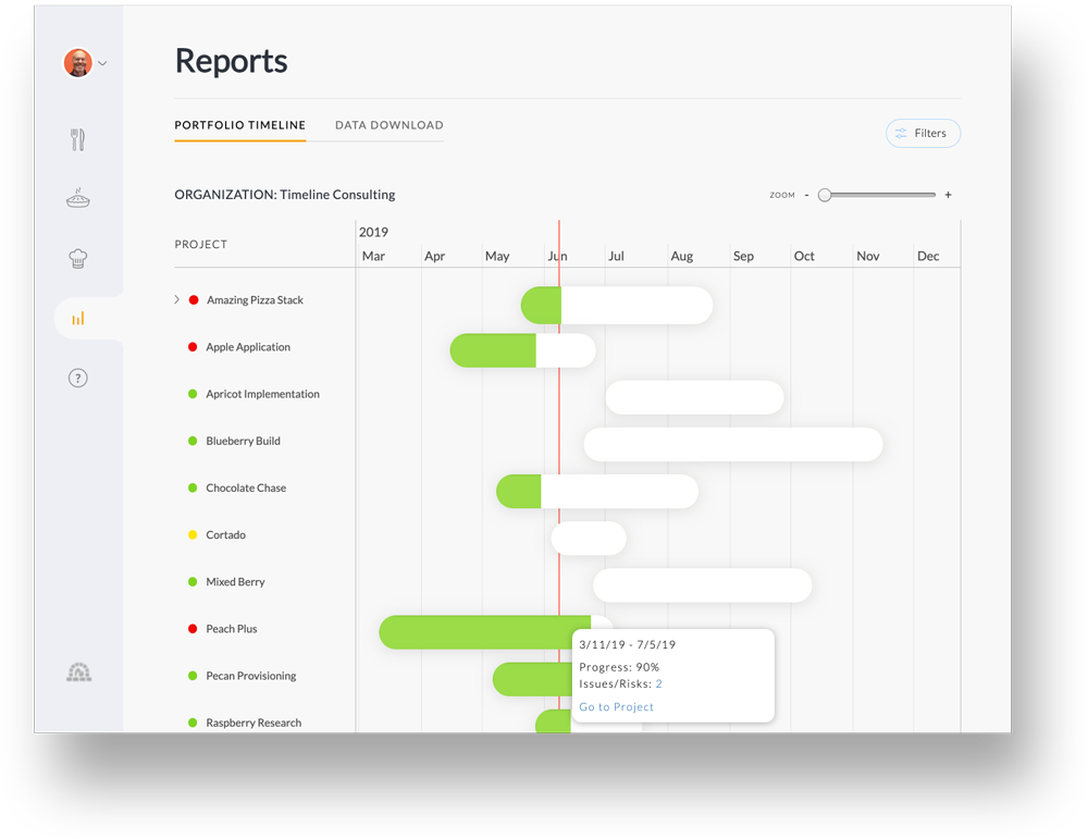 Pie screenshot: Pie Portfolio report view. Pie combines visual portfolio reports and dashboards with the detailed project execution capabilities.