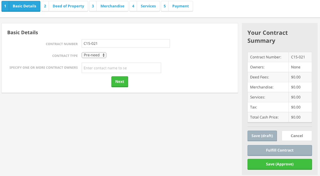 Plotbox Software - Contract management module showing the five various stages for defining the contract, providing a summary with options for saving as draft or saving as an approved contract