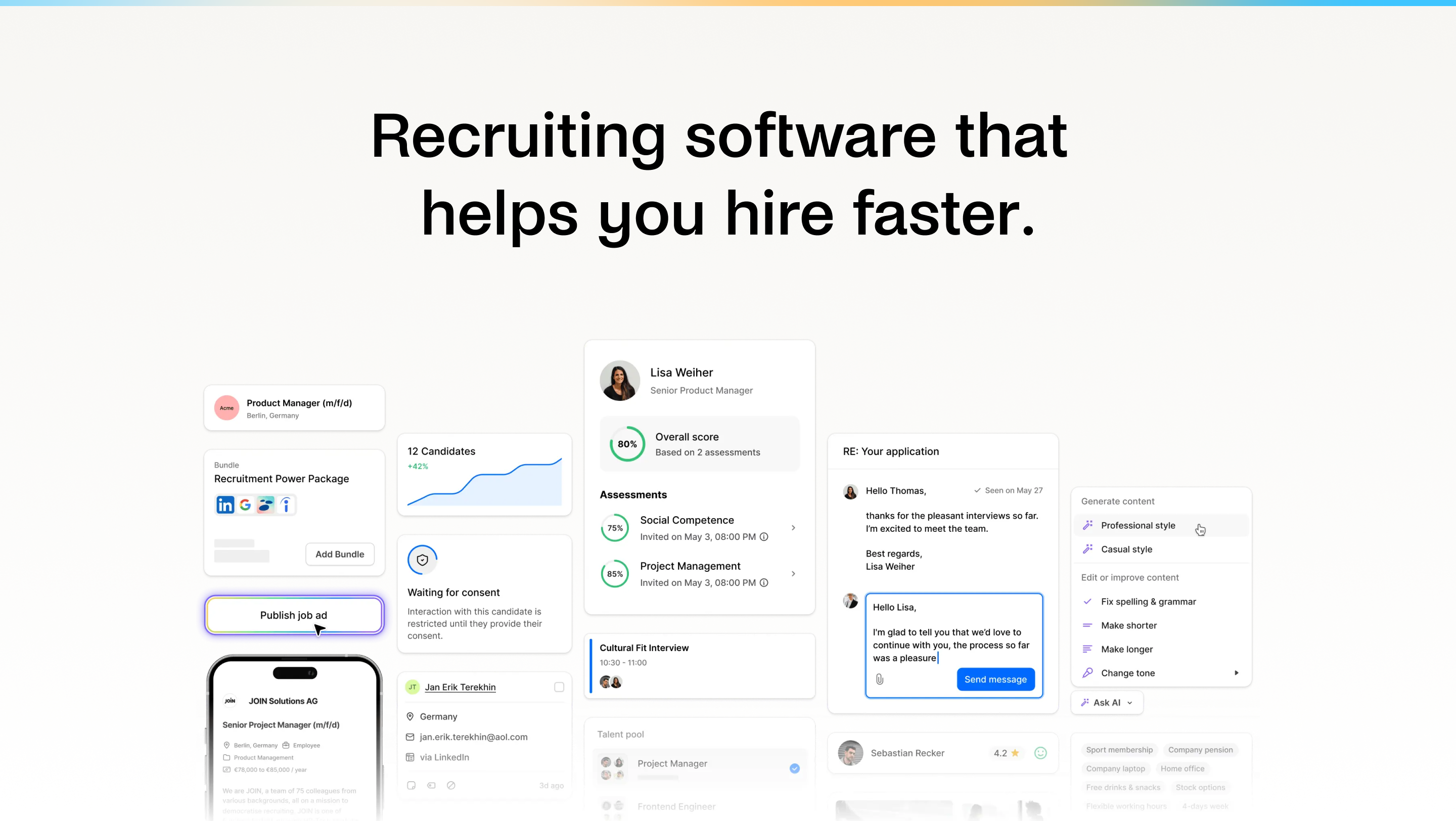 JOIN screenshot: Everything you need to hire — all in one intuitive platform. From posting jobs and tracking applicants to messaging candidates and collaborating with your team, JOIN gives you a full suite of tools designed for fast, effective hiring.