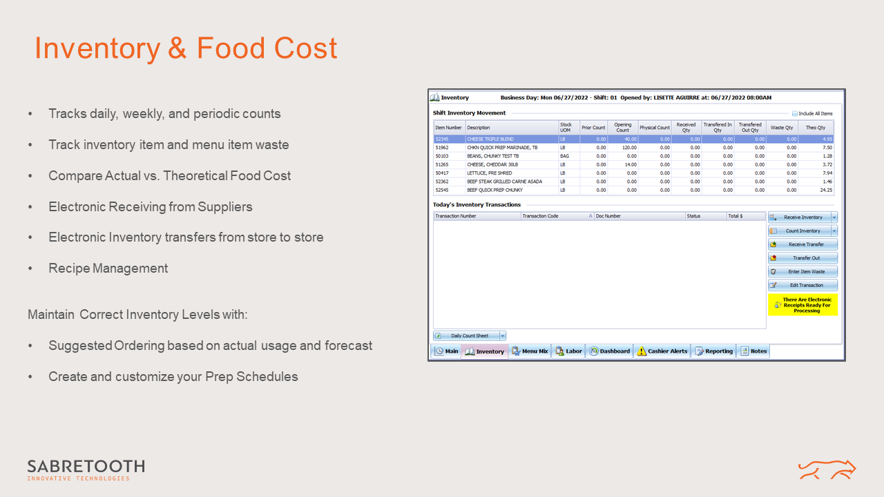 Inventory and Food Cost Management - track your inventory movement to get your ideal usage and variance. Reduce unnecessary food costs and increase profits.