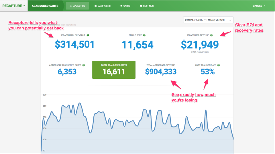 Recapture screenshot: Clear ROI from our analytics dashboard, Recapture shows you key details like revenue per email, recovery rates, potential to recover and more