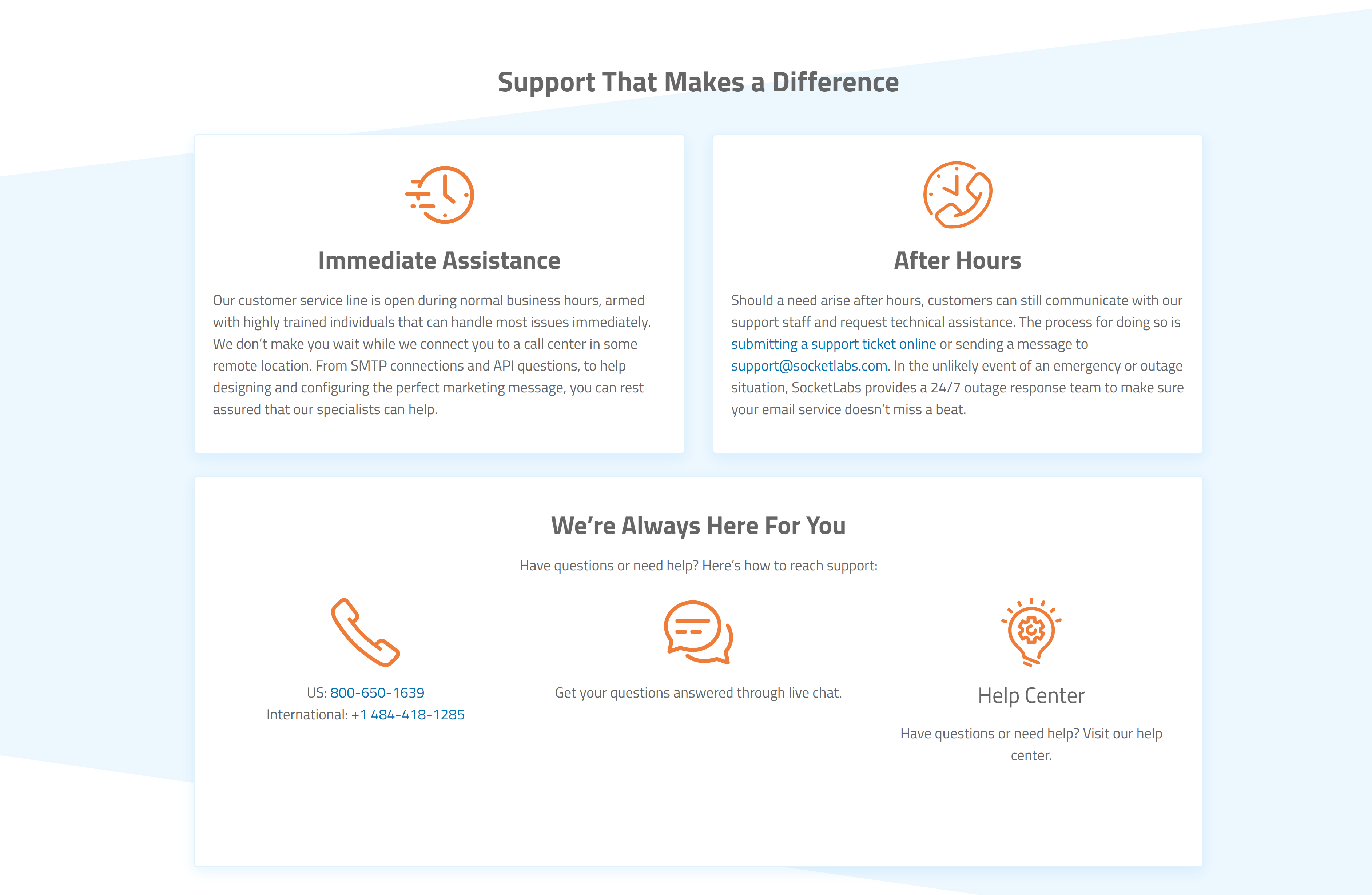 Email delivery without the headache! SocketLabs Email Deliver Experts are standing by ready to help.