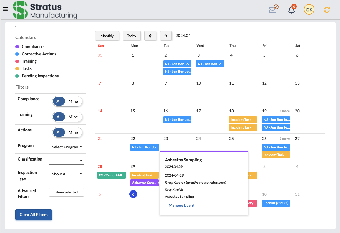 SafetyStratus screenshot: Compliance Calendar