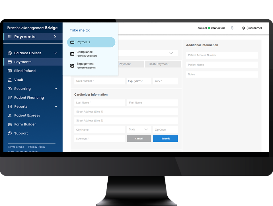 Rectangle Health screenshot: Bridge Payments is an easy-to-use system that optimizes and automates payment capture at all points of the patient journey. Practices can now become more efficient and unlock new profitability potential.