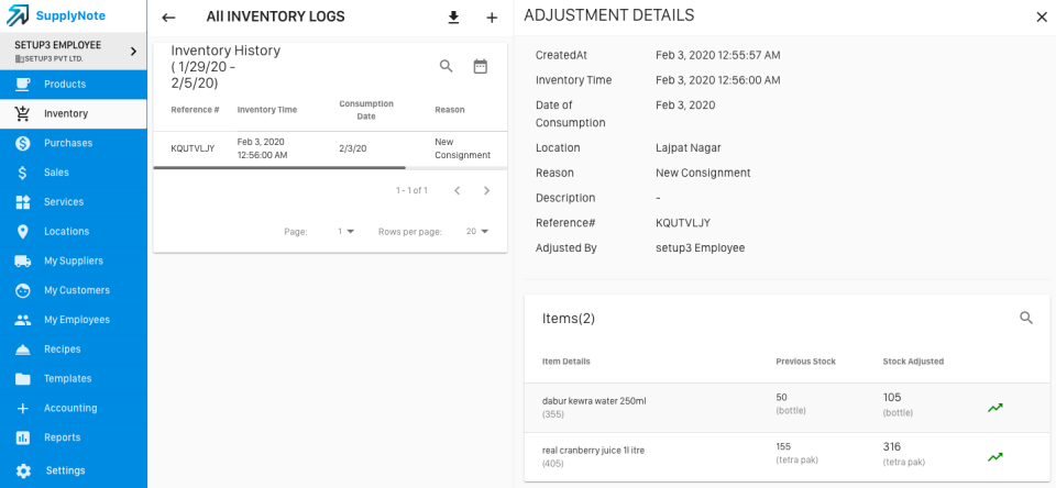 SupplyNote Software - SupplyNote inventory logs