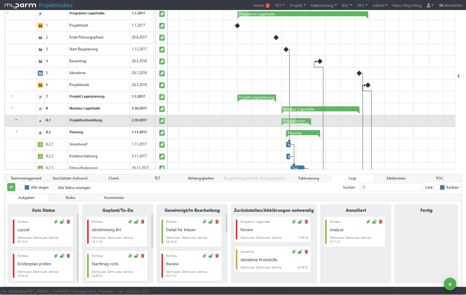 Project management with Gantt chart and Kanban board