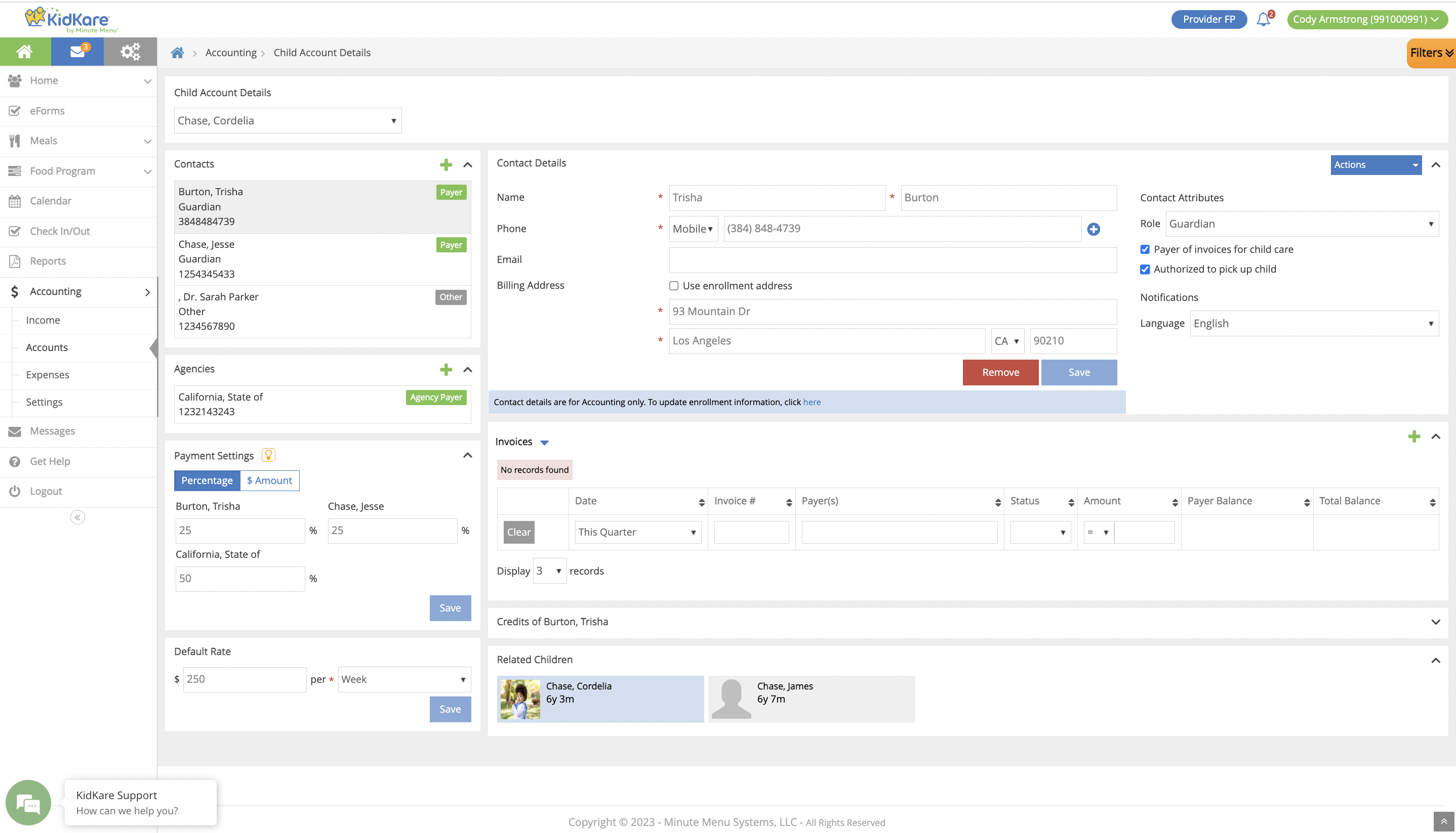 KidKare Accounting Software - KidKare Accounting Accounts Page: Store all the Child's information in one place - parents/guardian, agency (if any) information) and payment settings to automate your invoicing process.