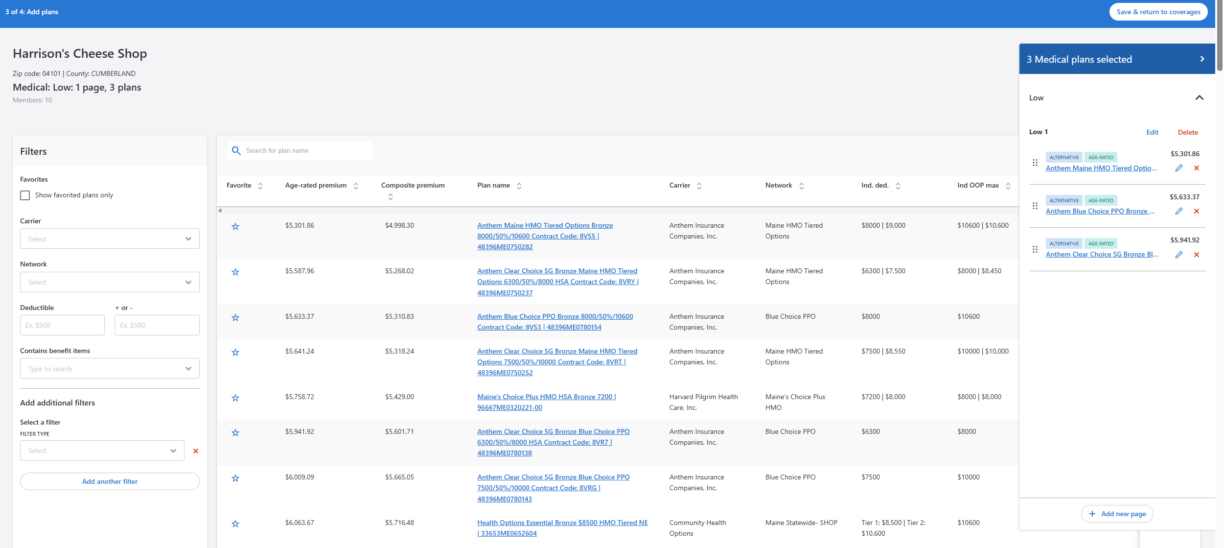 CPQ Employee Benefits screenshot: CPQ Employee Benefits add plans