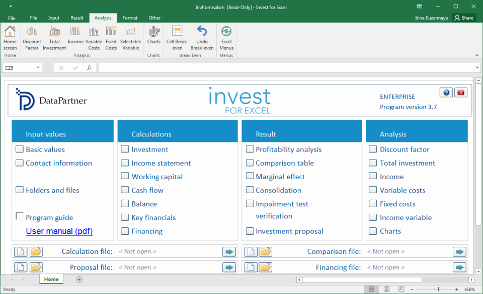 Invest for Excel screenshot: Invest for Excel main menu and functions