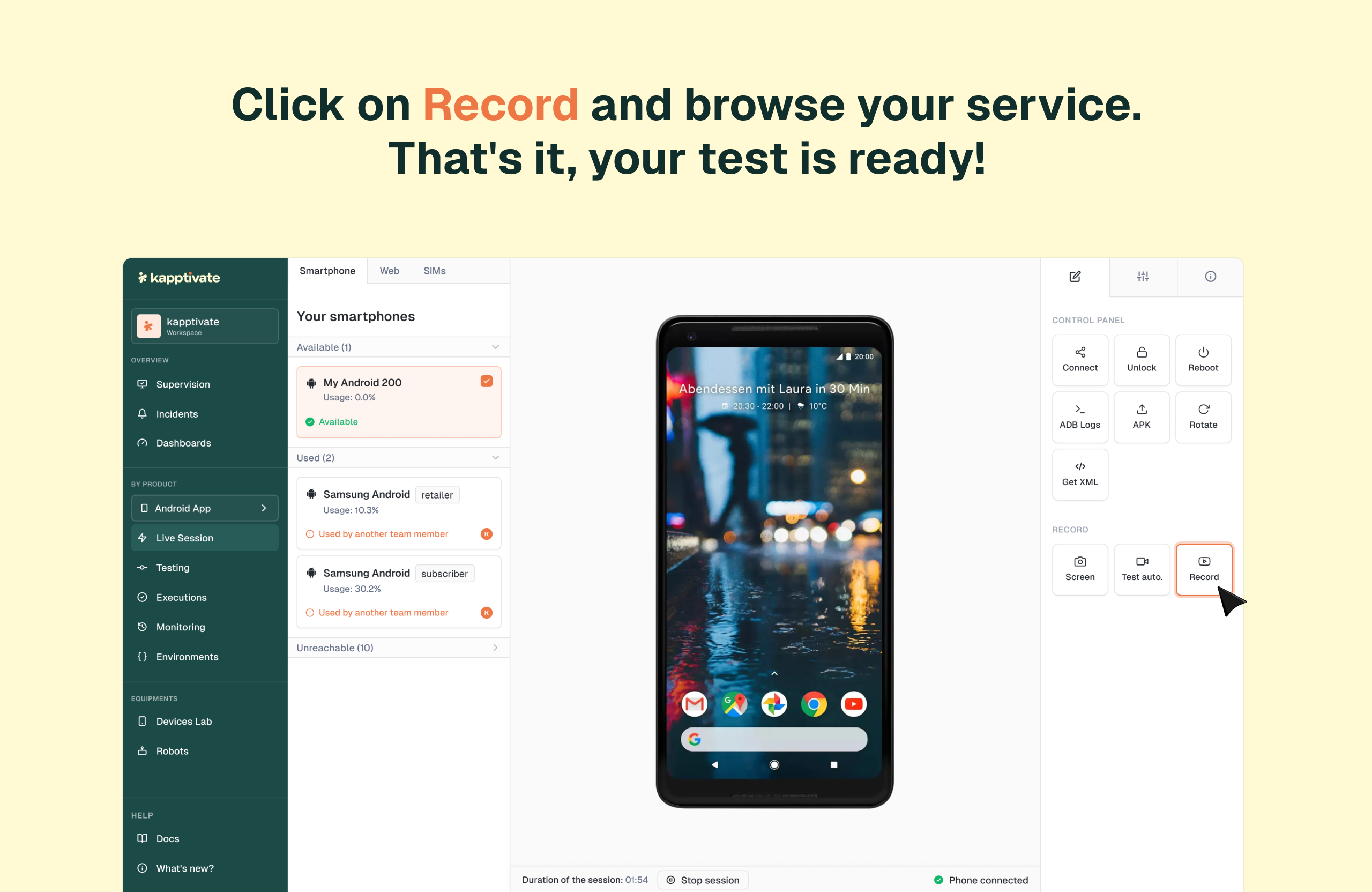kapptivate screenshot: Click on "Record" and browse your service. That's it, your test is ready!