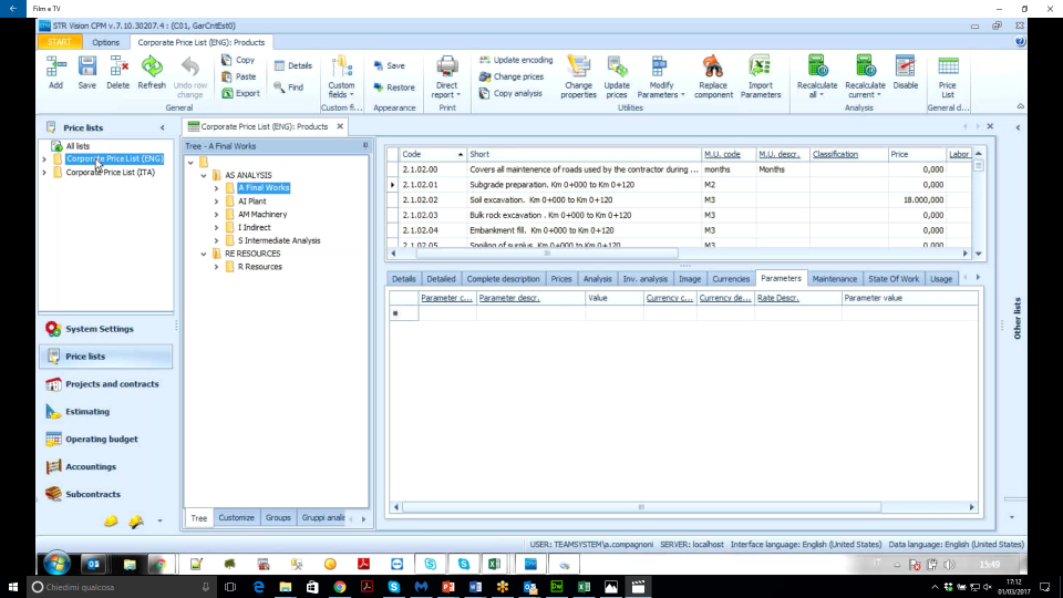 Price list management allows users to review project cost details, parameters and more