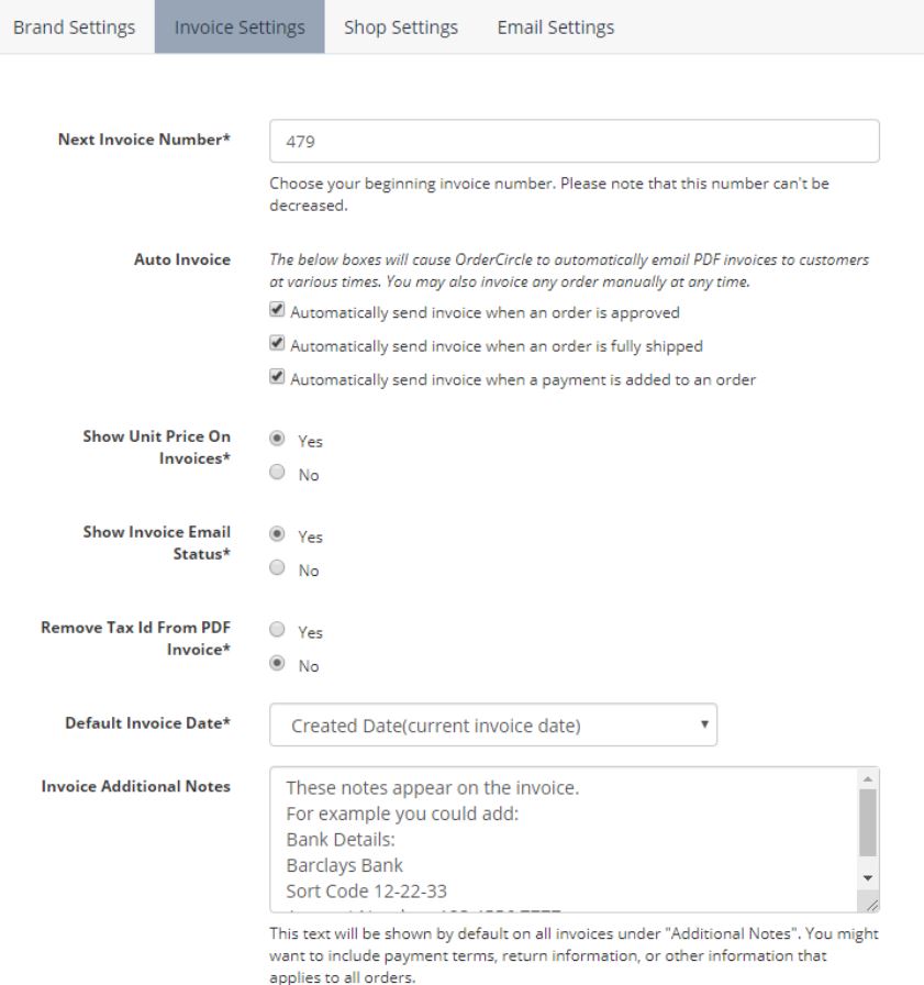 OrderCircle invoice settings