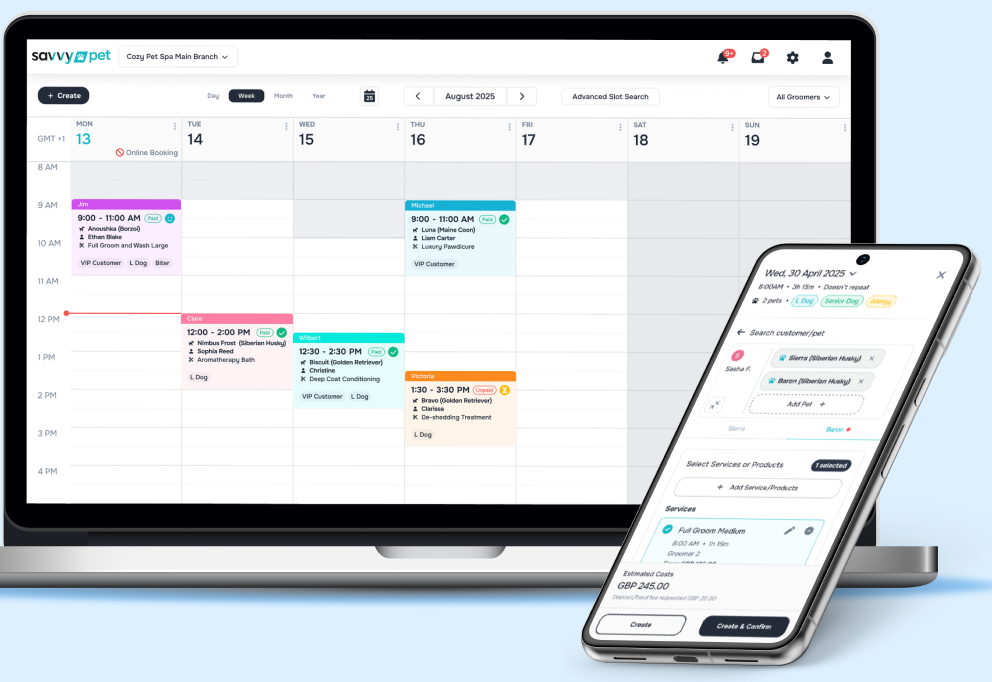 Savvy Pet Spa screenshot: This image shows Savvy Pet visible on a laptop and mobile. Savvy Pet can be used on any device 