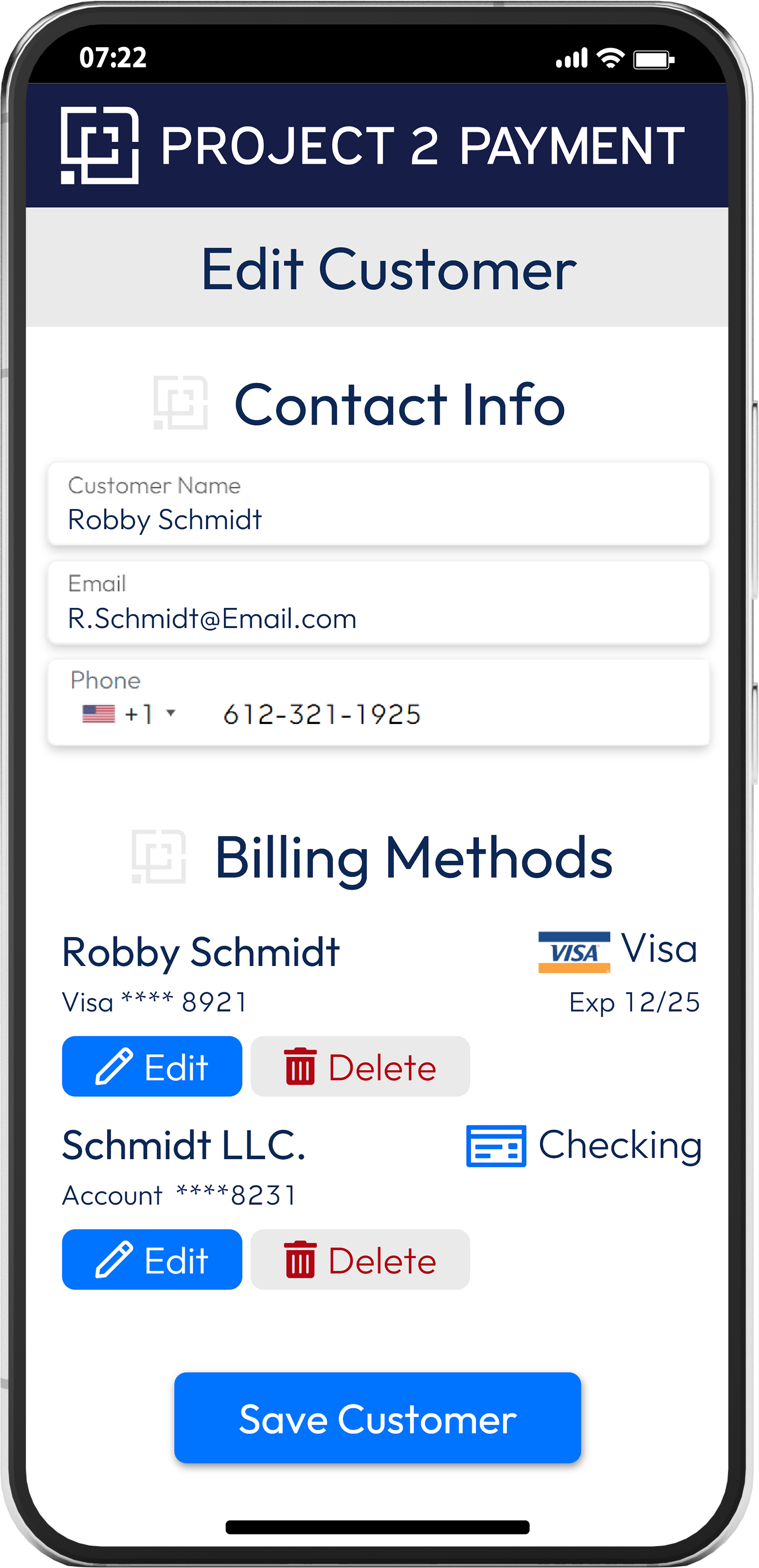 You can create customer profiles that include contact information, multiple addresses, and multiple billing (payment) methods. This allows you to find and easily track customer information, payments, and projects all in a single tool.