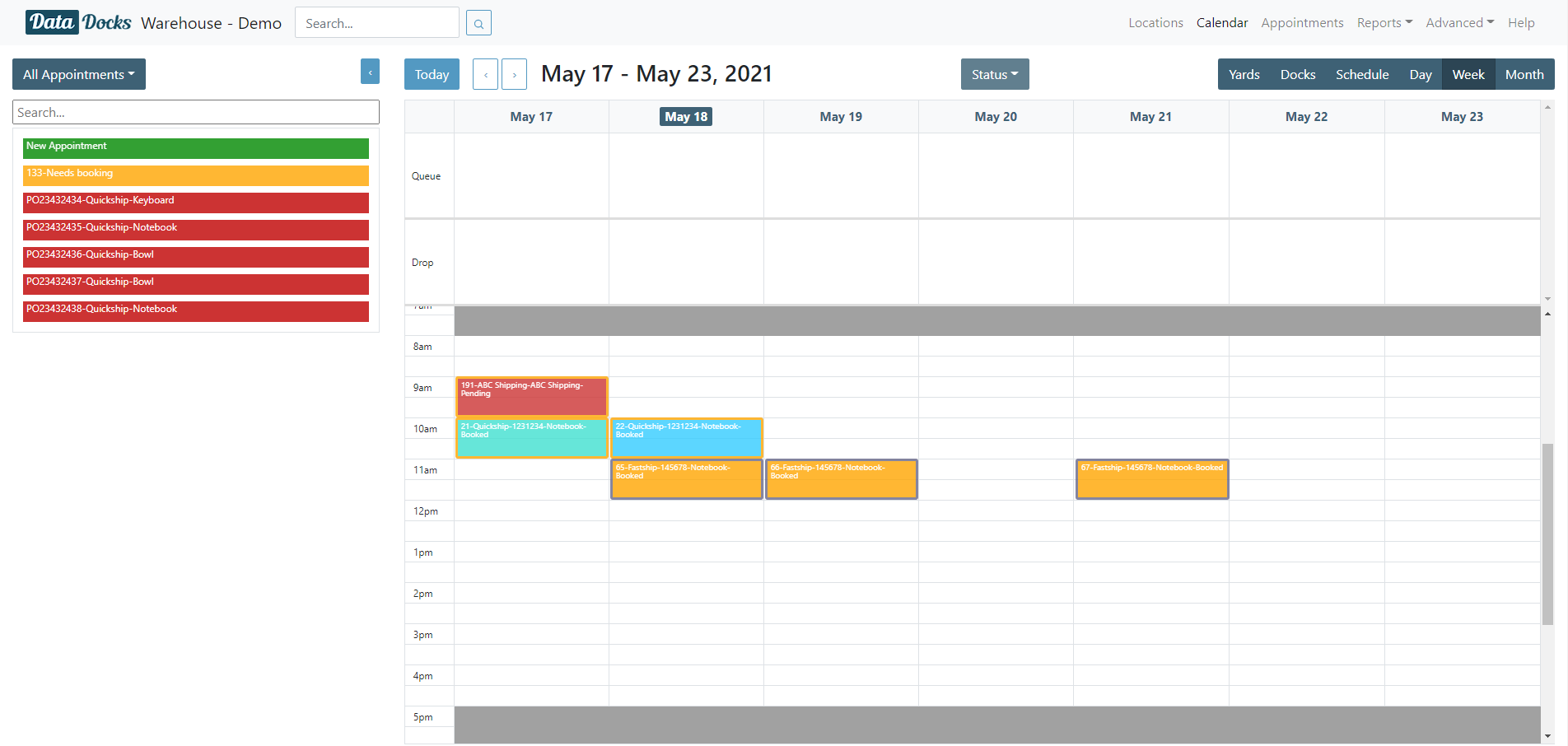 Landing page of DataDocks, your calendar view. From here you can view, edit or create appointments.