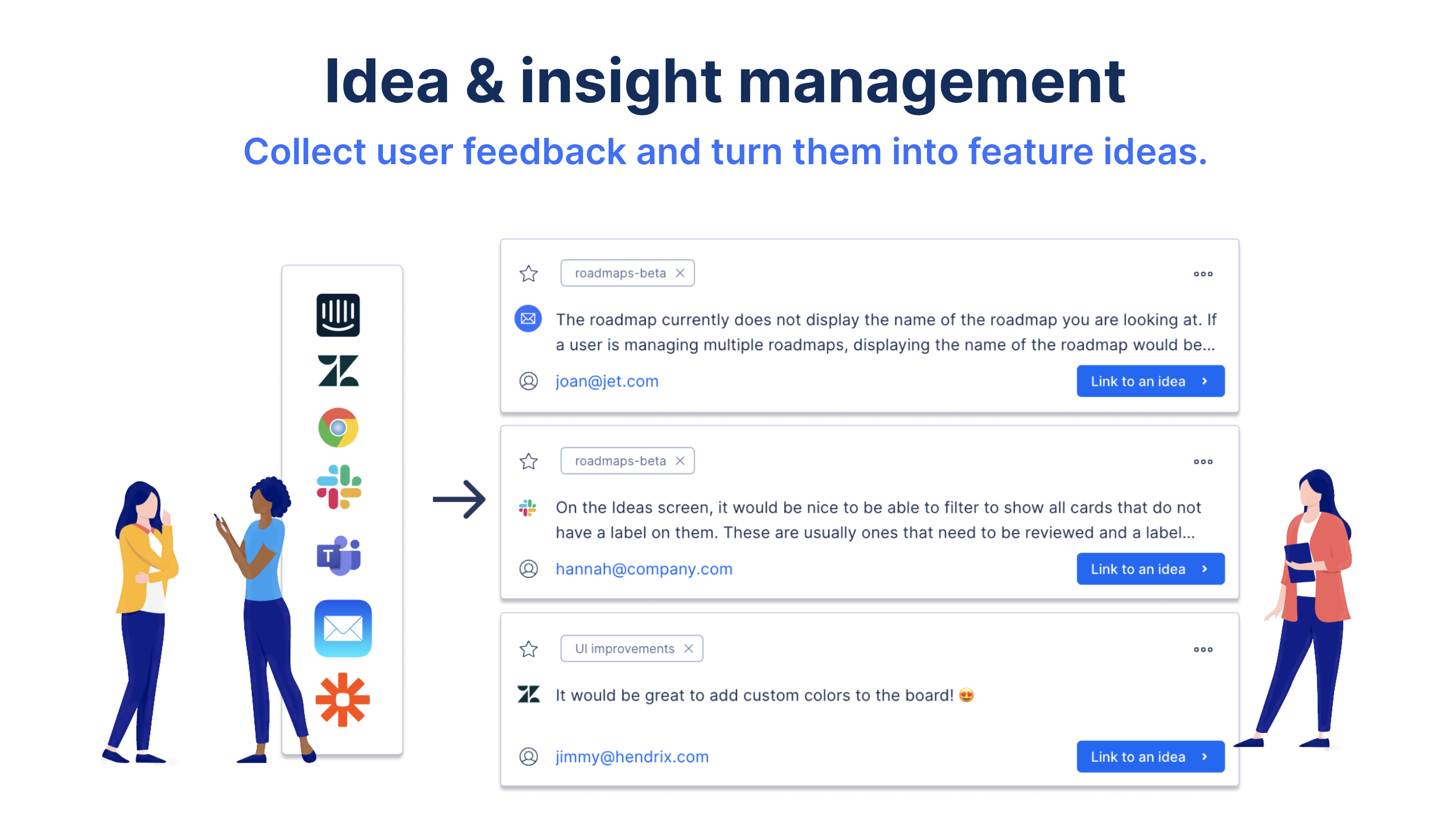 Automate the collection of valuable product feedback from internal and external stakeholders through integrations, develop actionable feature ideas and validate them in a roadmap.