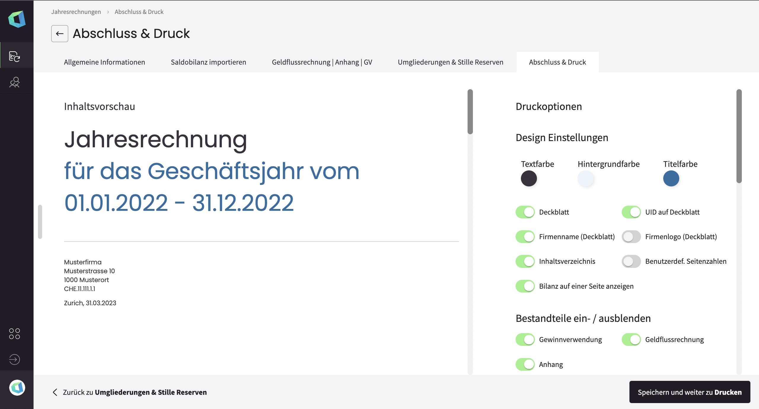 aumico screenshot: aumico configurable layout: Individual design of the financial statement and reporting tools - according to your needs and corporate identity (logo, font, colors). Proper design, with or without decimal places, show or hide all zero-lines, page breaks etc