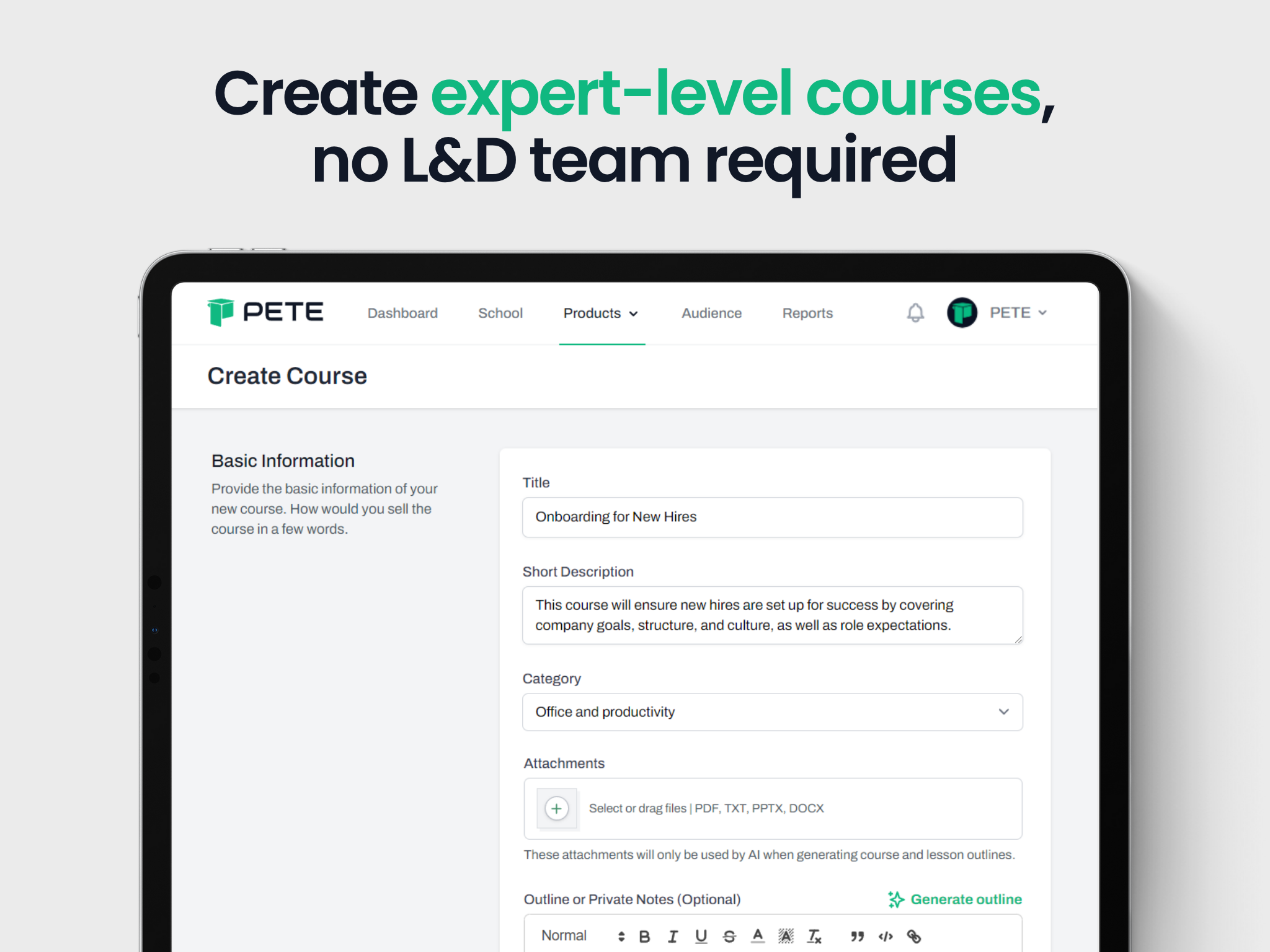 PETE LMS screenshot: Next-GenerationAI Course Builder.
Instantly Develop Tailored Training Courses for Every Skill Level.
