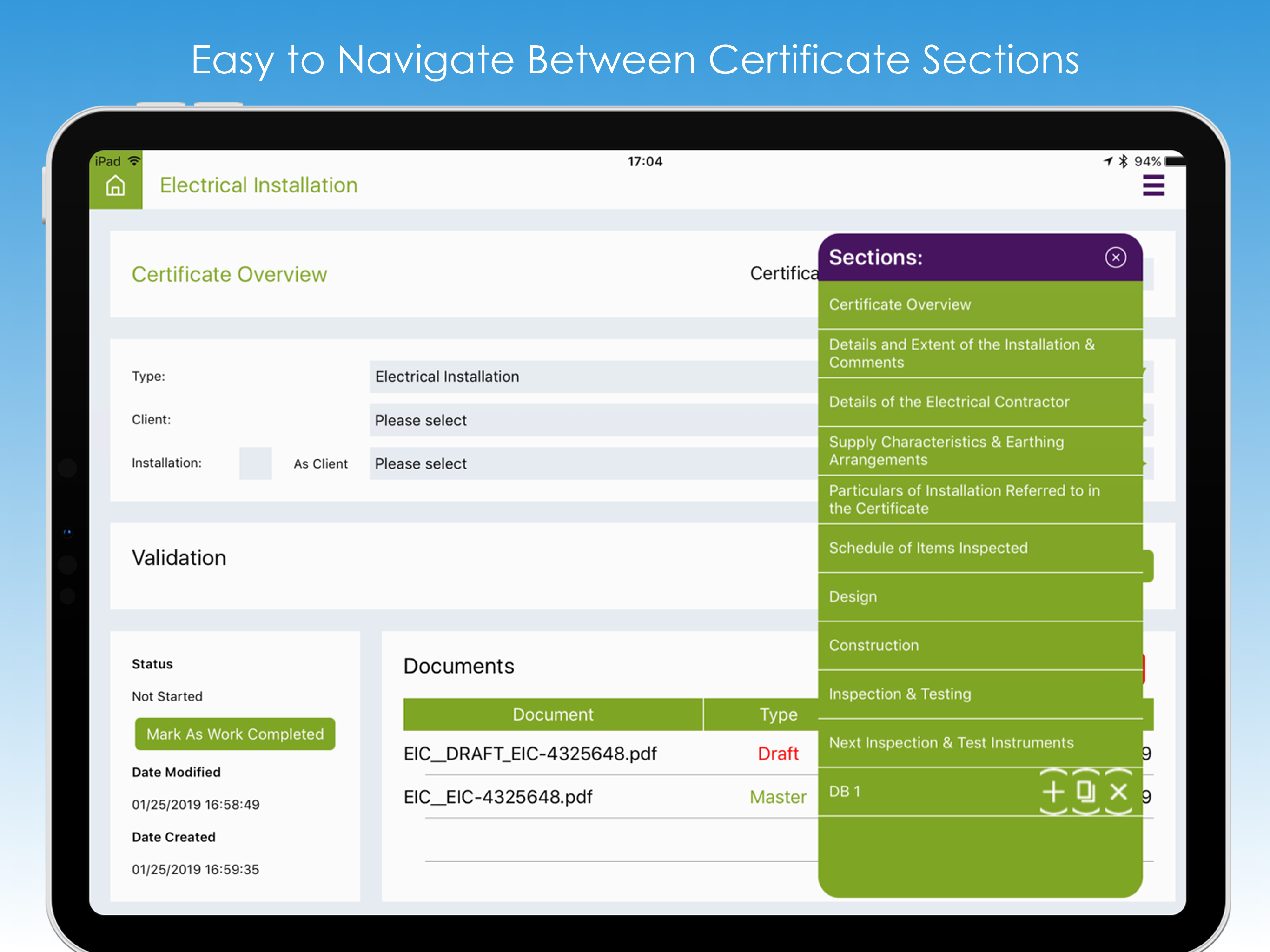 Certificate Sections Menu
