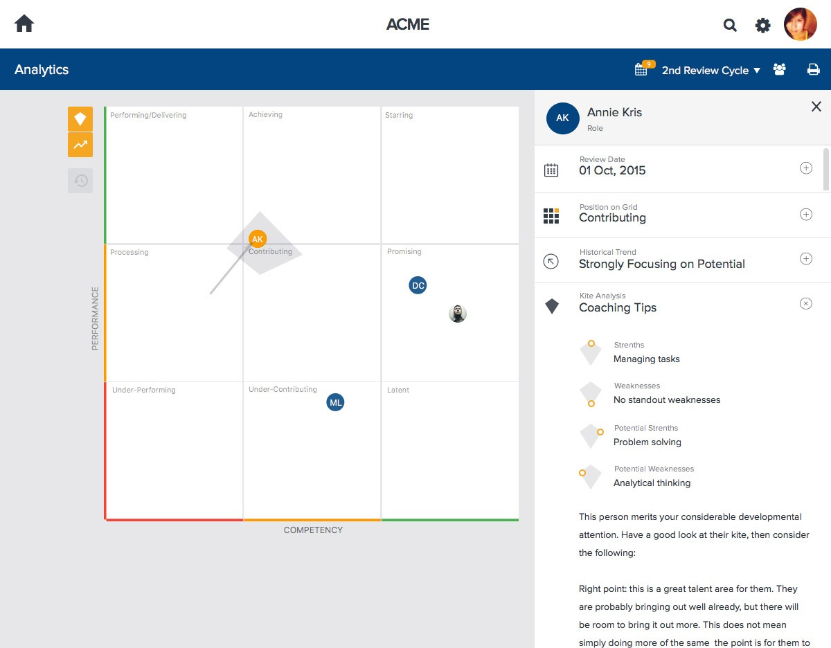 Visualize your team on the grid for all review cycles with 9-box Talent Matrix and coaching tips.