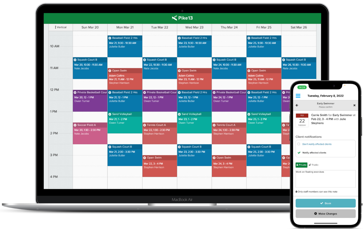 Schedule classes, courses, camps and appointments. Built-in waivers ensure that no signatures are missed. Customizable fields allow you to capture the client information you want. Reminders and notifications improve attendance and retention rates.