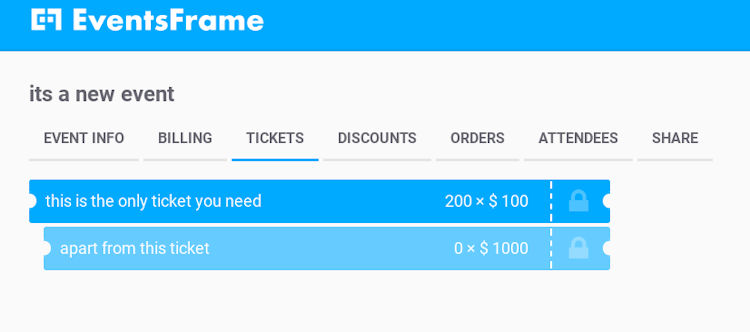 EventsFrame screenshot: Users can create any number of tickets and ticket types