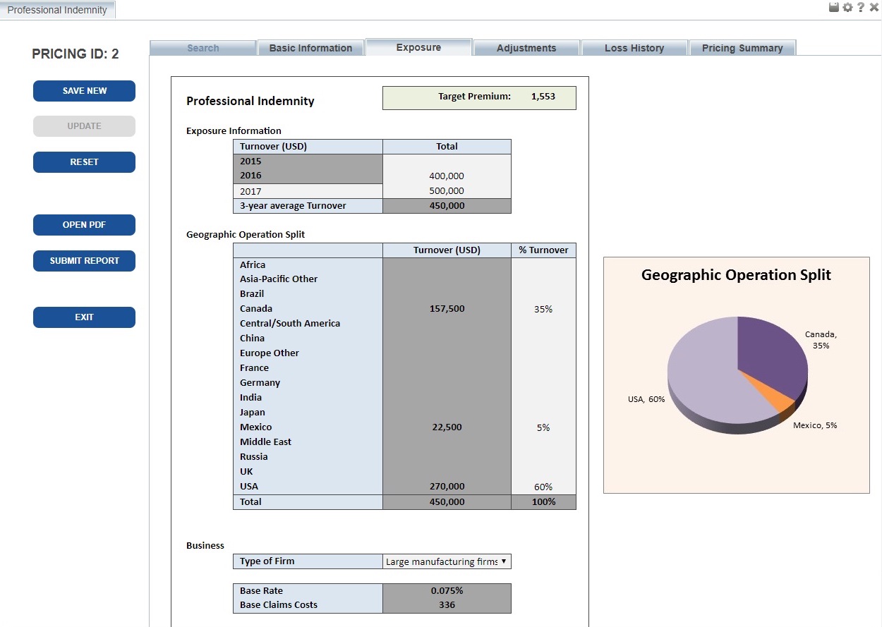 EASA screenshot: Example of an EASA insurance pricer ("rater") web app. This app is backlinked to the original spreadsheet (which provides the computational logic) and a central relational database for far superior data management and reuse.