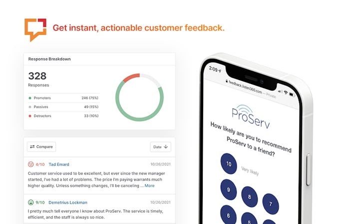Listen360 screenshot: Get instant, actionable customer feedback