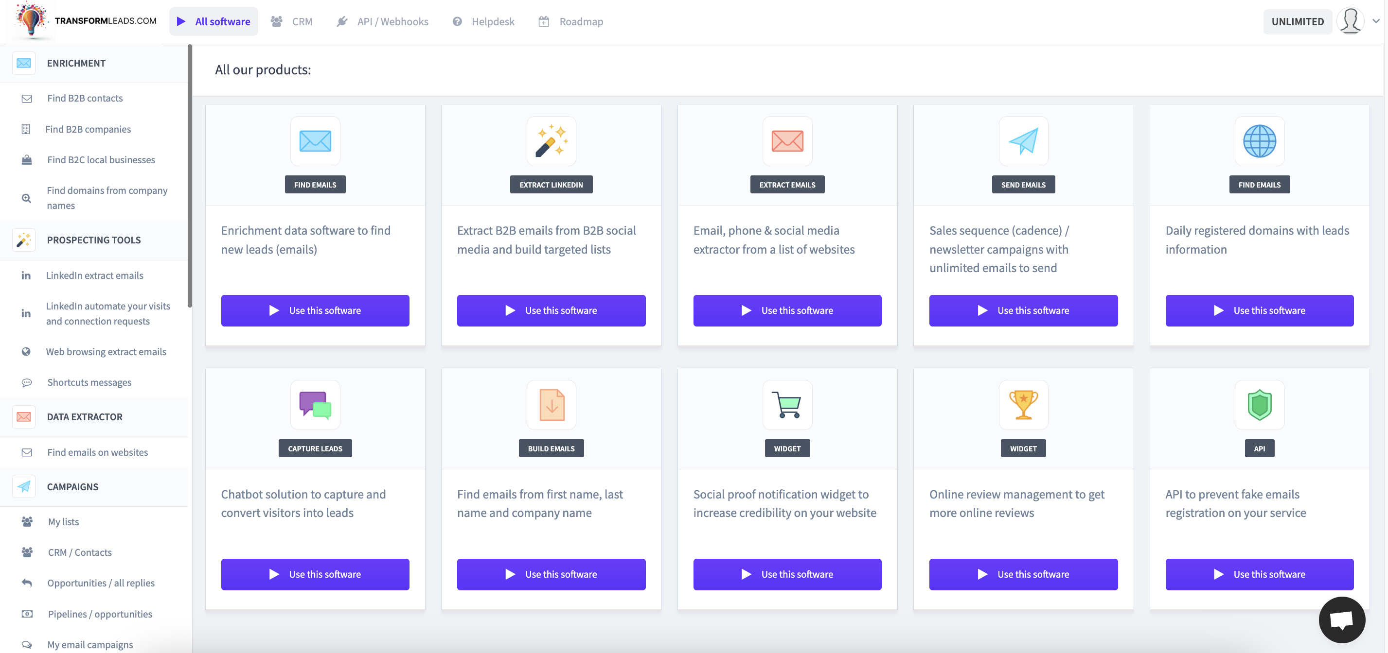 TransformLeads.com screenshot: Dashboard