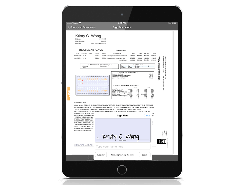 In-office iPad consent forms are customizable and auto-import to PMS after signatures. Present and sign treatment plans as well, and update patient information and annual medical alerts with ease.