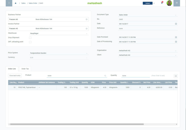 metasfresh screenshot: Sales Order Main View | Record a sales order with all relevant data, e.g., business partner, shipping address, billing address, promised date, sold products, etc. Use the side menu to jump to referenced documents such as delivery notes, invoices and more.
