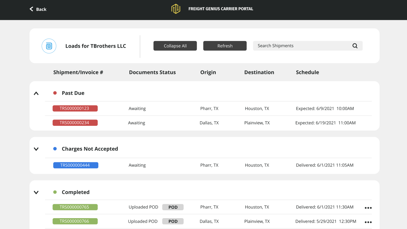 Carriers can view their current, upcoming, and completed loads in our modern Carrier Portal!