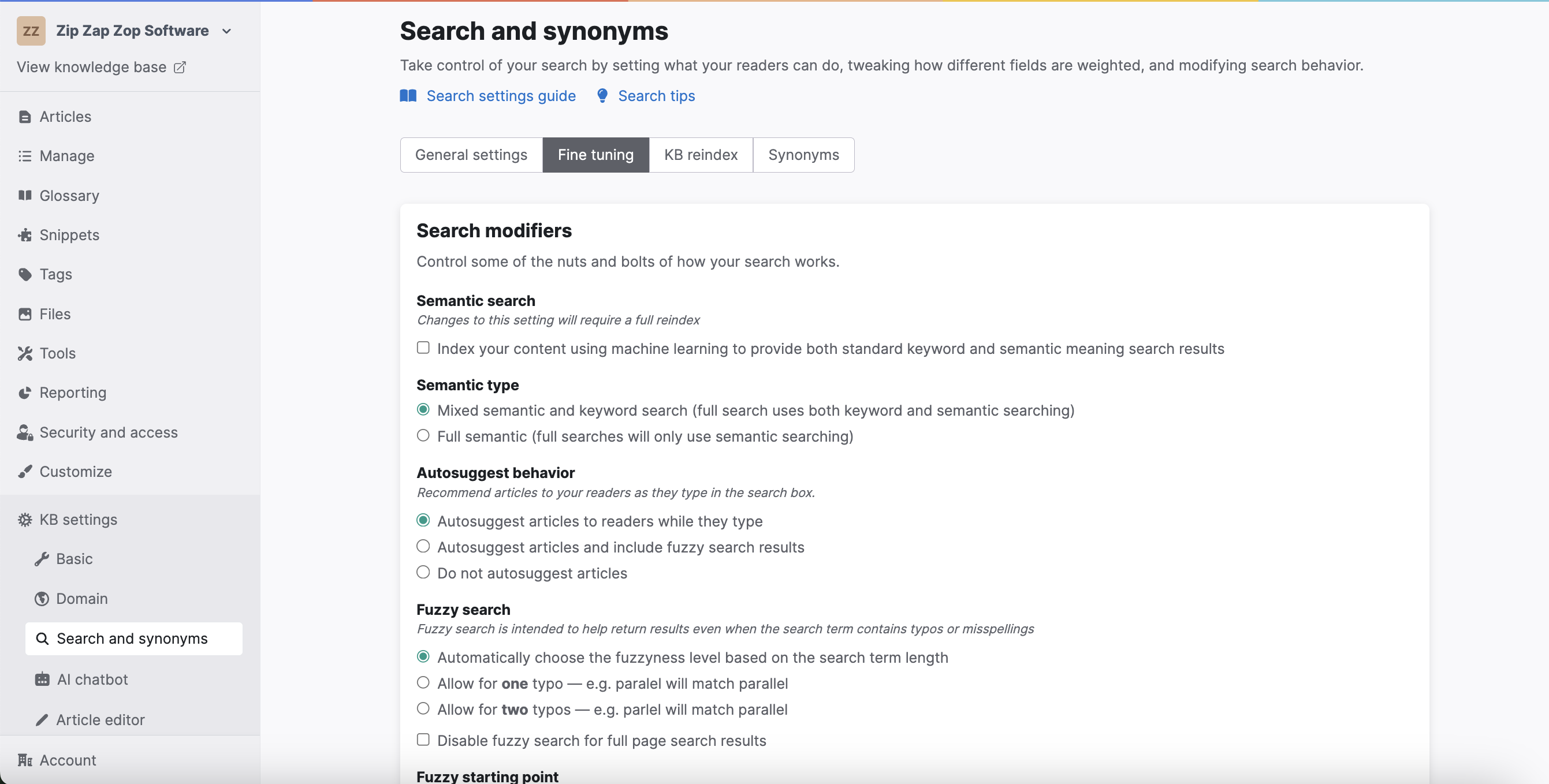 KnowledgeOwl screenshot: A search that just works! No setup required. Your content is automatically indexed for search. Keyword, semantic, or a hybrid of both + typo tolerance ensures that your readers find what they need fast.