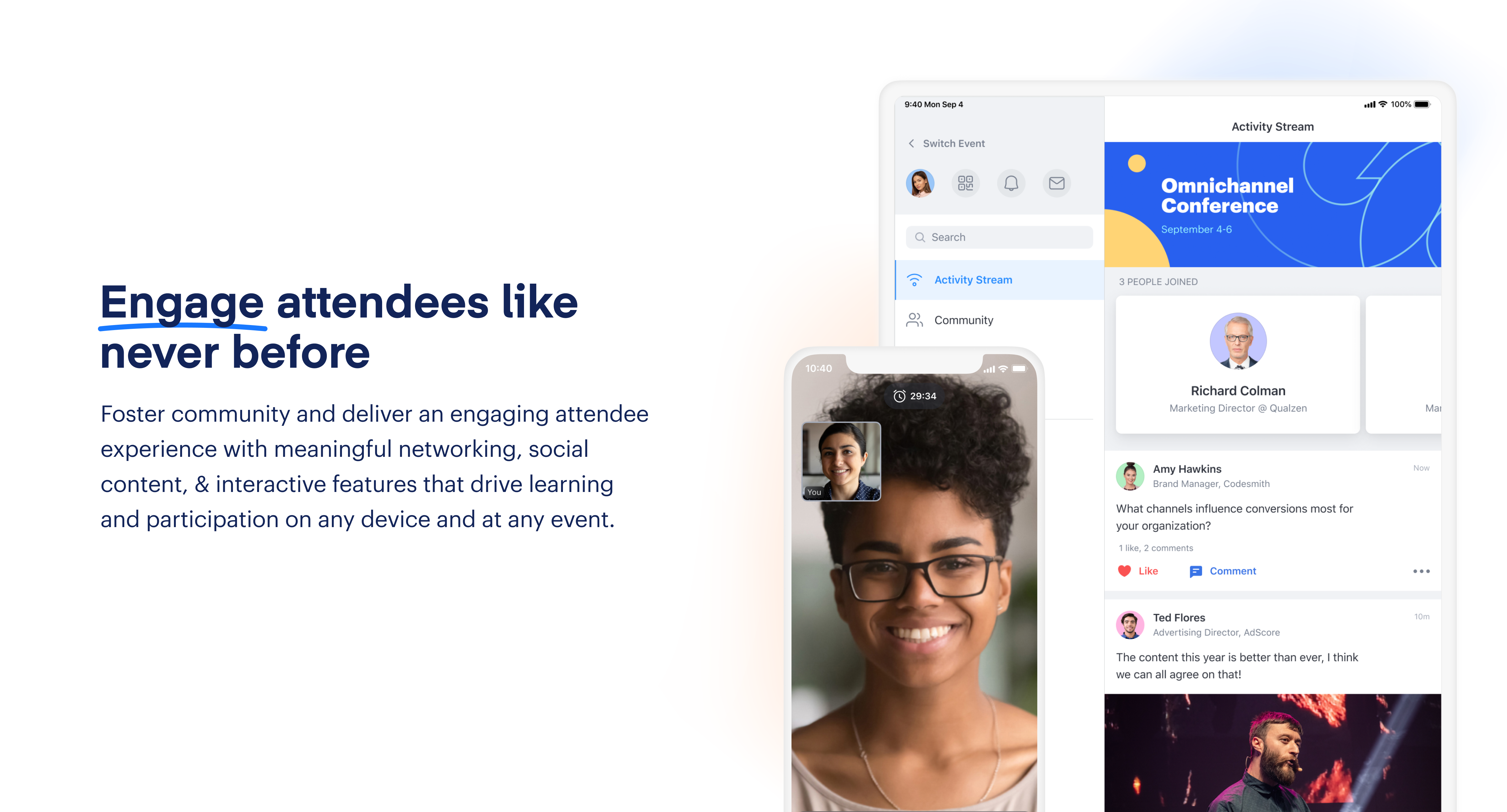 Deliver an engaging attendee experience with social networking and content features that drive learning, foster community, and boost participation, on any iPad, mobile, or desktop device.-thumb