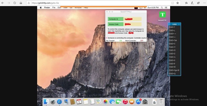 GotoHTTP controlling Mac from Windows