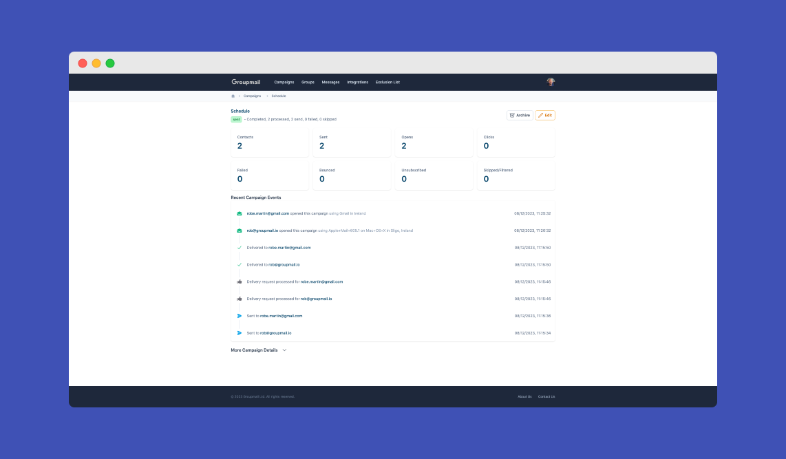 GroupMail Software - A campaign analytics dashboard in Groupmail, showing detailed metrics like contacts reached, open and click rates, and delivery status. Recent campaign events are listed, helping users track engagement and measure campaign effectiveness.