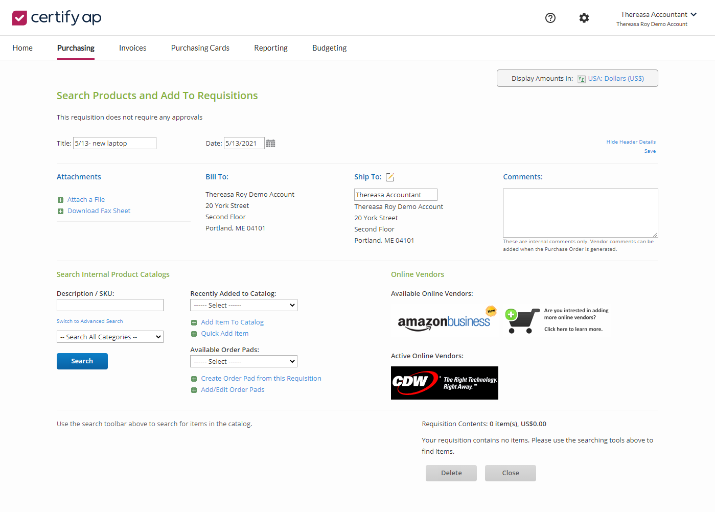 Emburse Certify AP Software - Requisition process within Emburse Certify AP