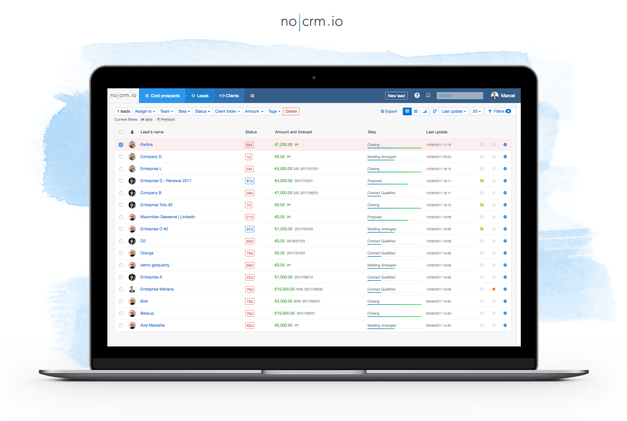 noCRM.io Software - See a compact view of lead names, status, and updates