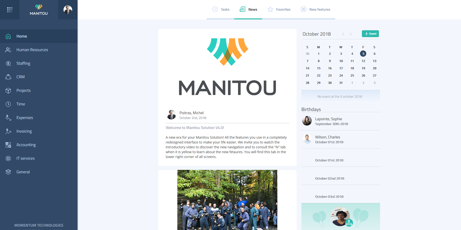 Manitou screenshot: Manage news and notifications from the homepage