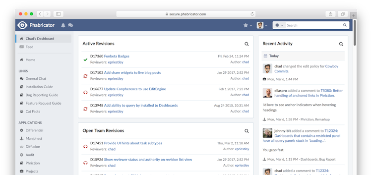 Phabricator screenshot: Phabricator is an open-source software development platform comprising tools for code review, repository hosting, bug tracking and project management