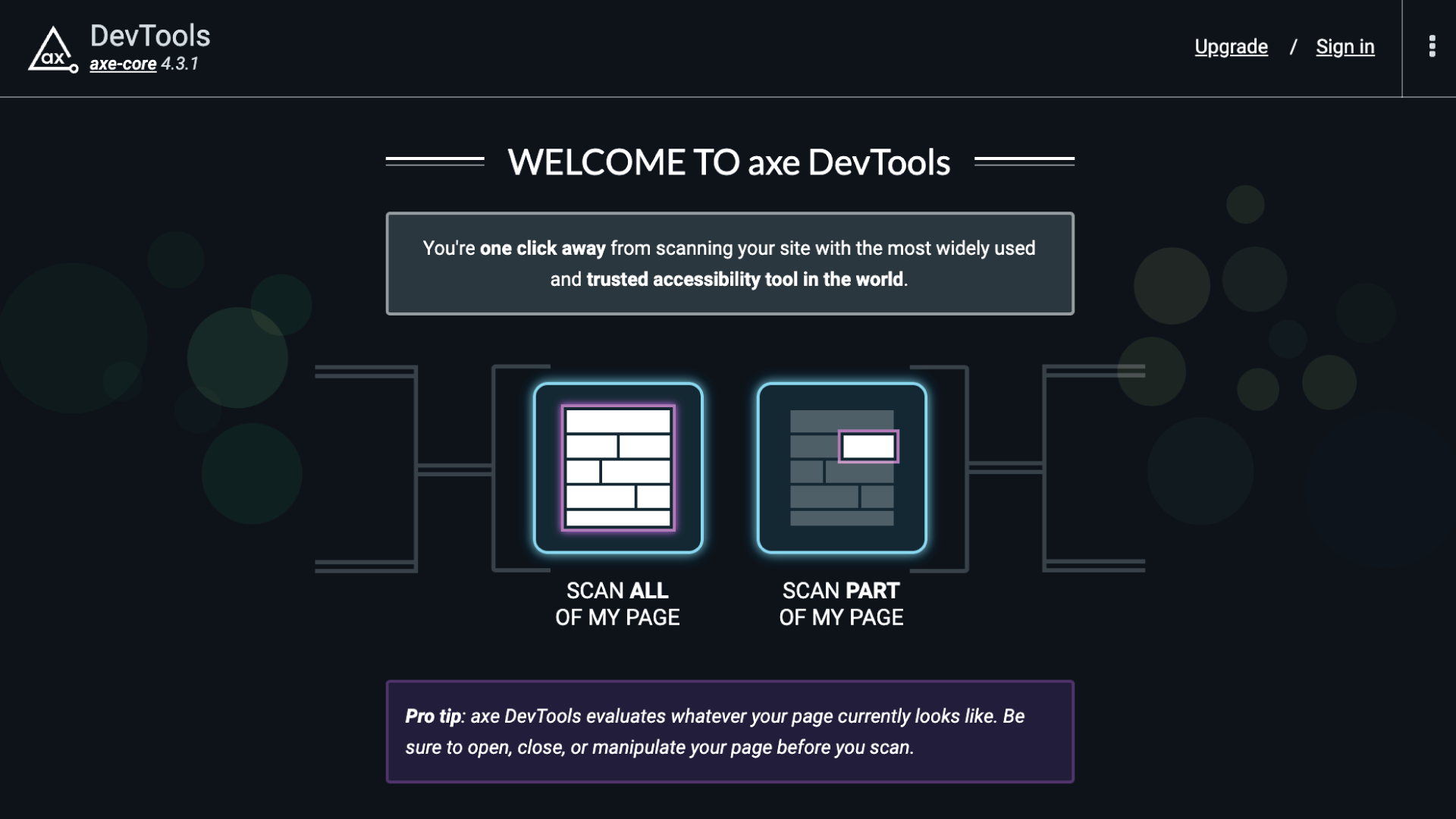 axe DevTools Welcome Page