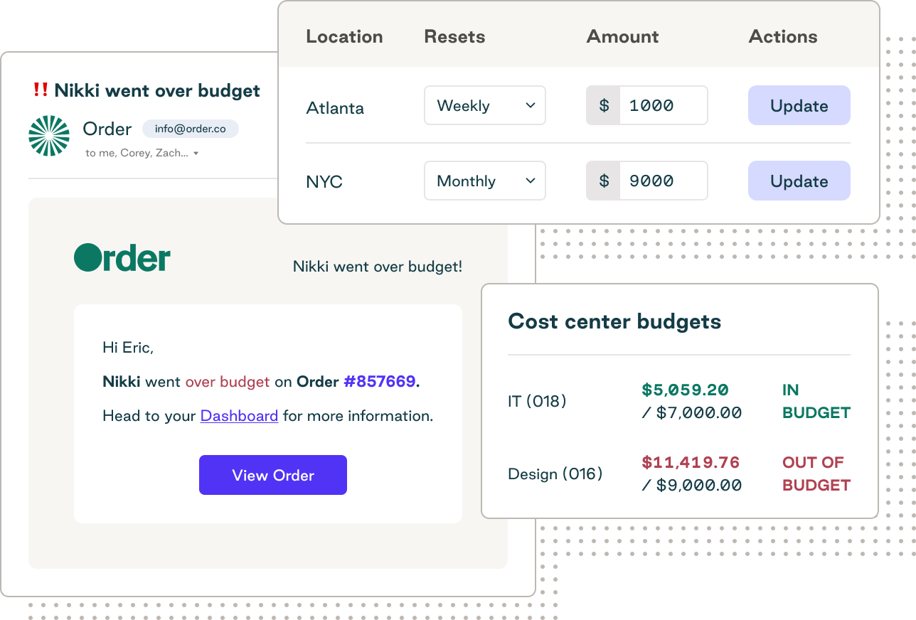 Track and limit spending with customizable budgets: Create budgets for users, locations, or cost centers and set them to your desired cadence. View changes in budget usage to avoid overspending. Allocate budget to specific product types.