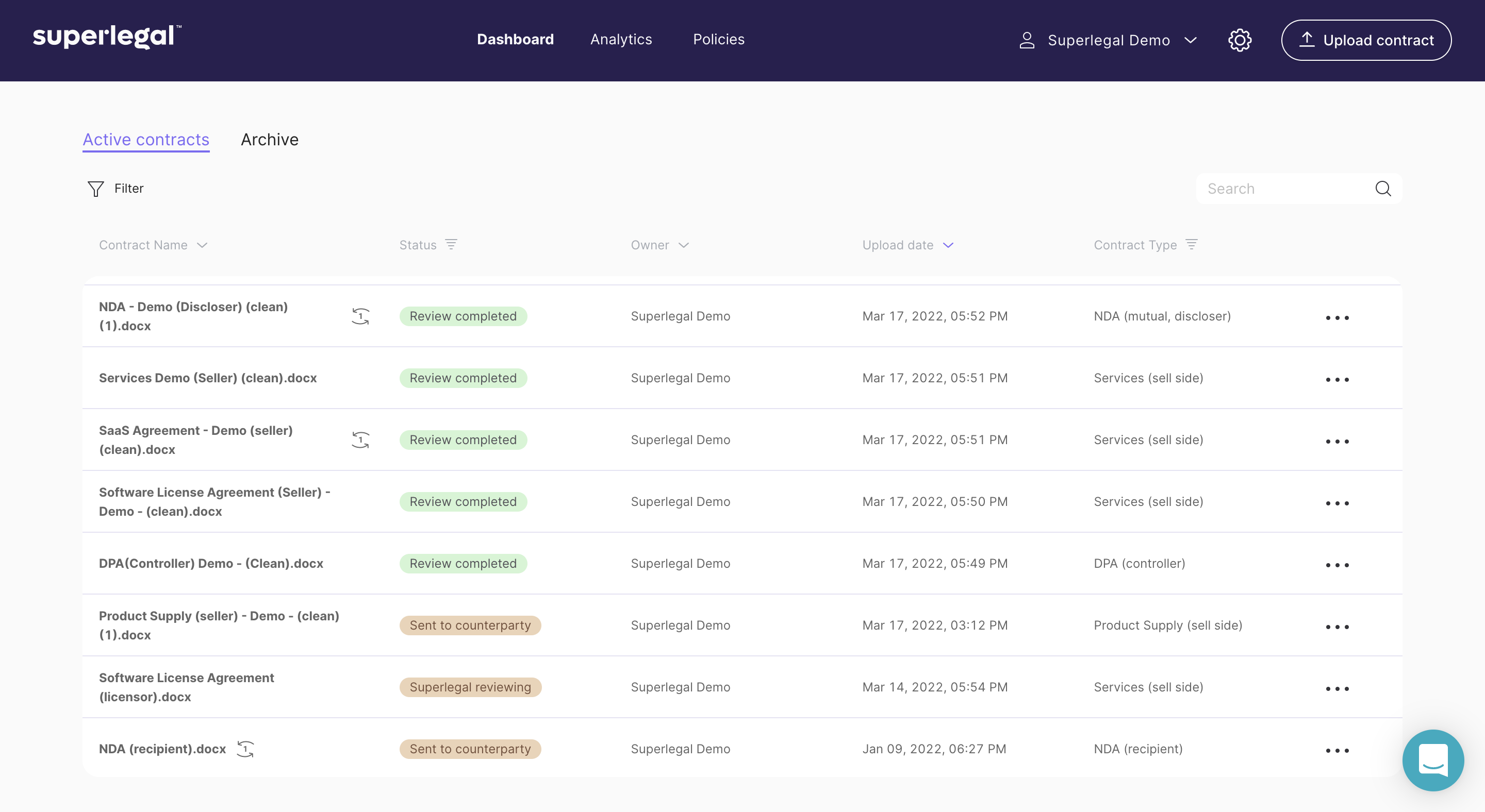 Superlegal Software - The Superlegal dashboard allows our customers to navigate and access all of their contracts in one place.