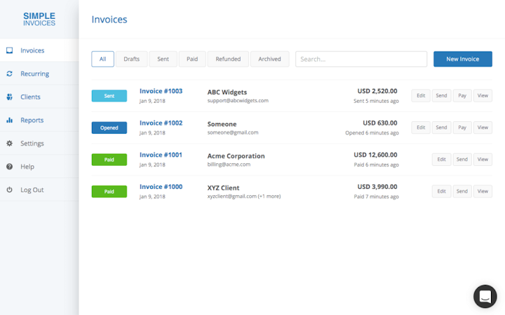 Simple Invoices screenshot: See invoice status