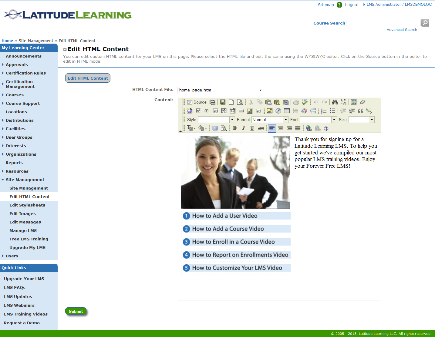 Update any content using the built-in WYSIWIG HTML editor