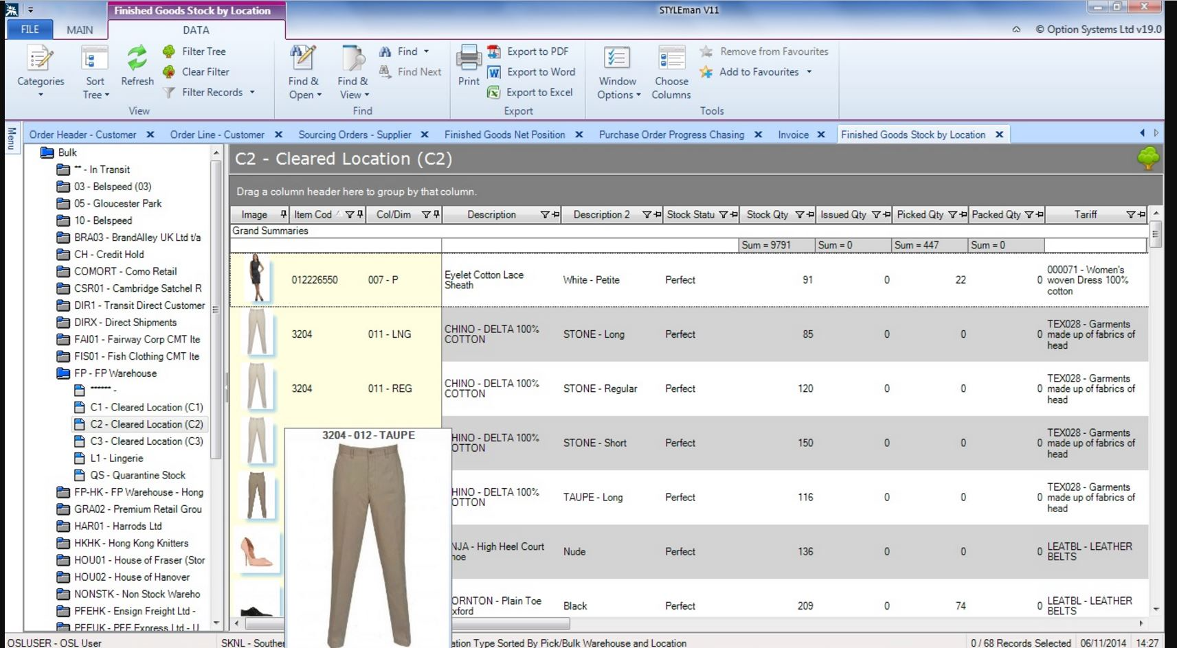 STYLEman Software - STYLEman Distribution captures sales order and allows users to view finished goods stock by location
