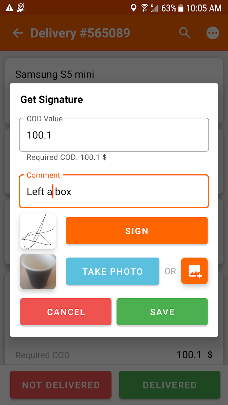The Get Signature dialog within Track-POD Proof of Delivery app running on Android, showing fields for leaving comments and capturing eSignatures or photos etc